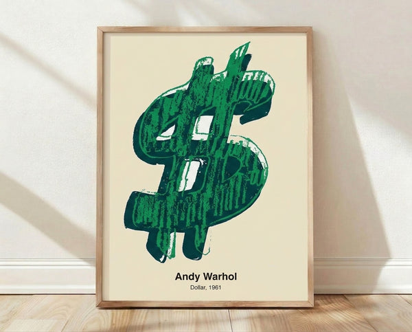 Bold pop art framed poster featuring a green and white dollar sign on black background, iconic 1961 silkscreen design with commercial satire mood.
