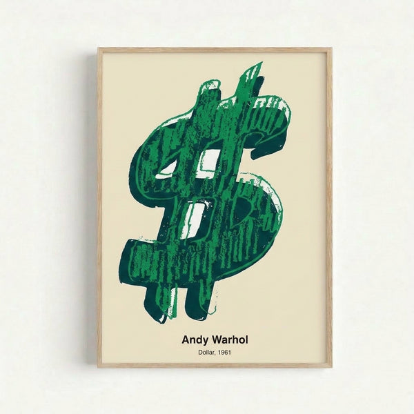 Modern Bauhaus-style framed art print displaying a stylized dollar sign in green, white, and black, capturing pop art's bold commentary on currency.