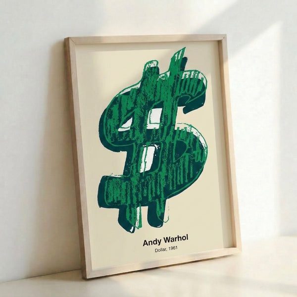 Framed pop art poster with a striking green dollar symbol against dark background, minimalist Bauhaus design evoking 1960s commercial satire.