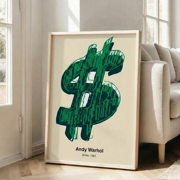 Contemporary wall art print showing a large green and white dollar sign in pop art style, bold black composition with satirical cultural commentary.