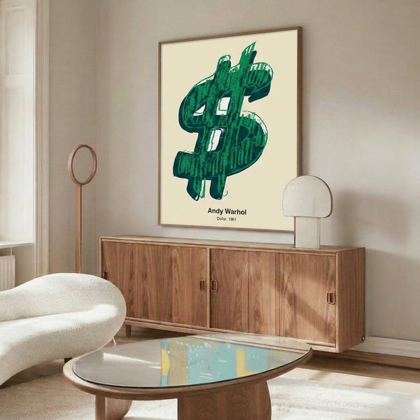 Pop art framed print with a prominent green currency symbol on black, sleek Bauhaus design capturing the era's ironic take on consumer culture.