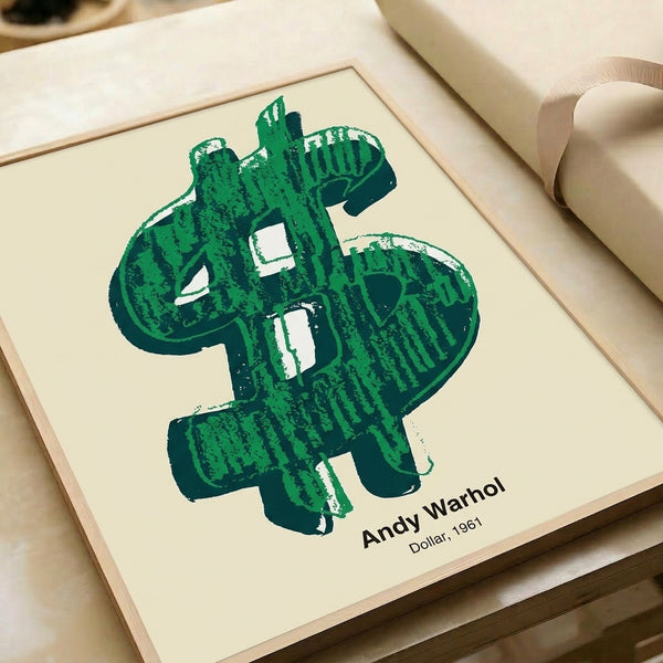 Poster art print in framed display showing a stylized green dollar sign, pop art silkscreen style in black and white tones with satirical edge.