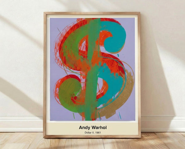 Pop art print of a dollar bill rendered in bold black, white, and green, inspired by 1960s commercial art aesthetics and displayed as framed wall decor.