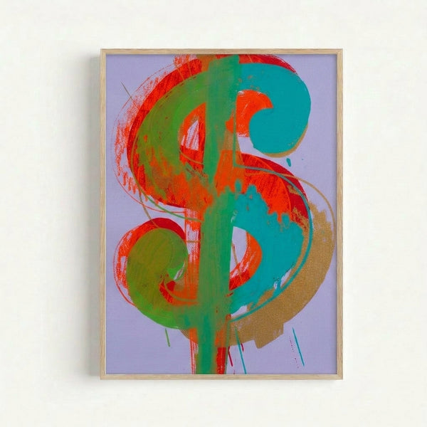 Framed modern poster featuring a stylized dollar sign and currency imagery in high-contrast black and silver tones, exemplifying iconic pop art design.