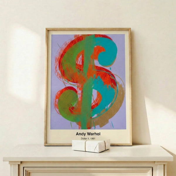 Framed art print showing a deconstructed dollar motif in stark black and white with silver accents, reflecting Bauhaus-influenced pop art principles.