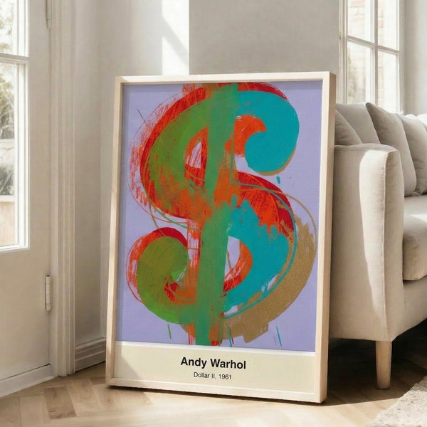 Modern pop art poster depicting currency symbolism through bold graphic forms in monochromatic and green tones, mounted as wall decor.