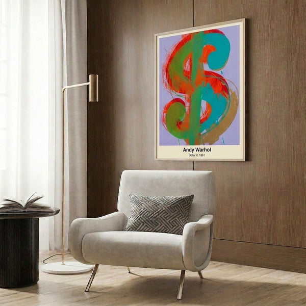 Iconic pop art wall print featuring a dollar bill rendered in high-contrast colors including black, white, and green with geometric, commercial sensibilities.