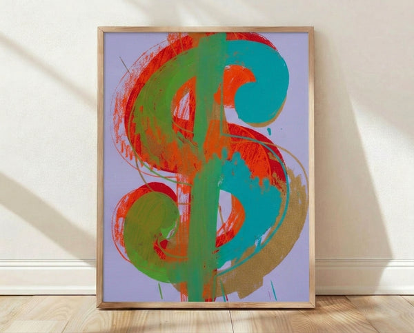 Pop art framed poster of a bold, stylized dollar bill in vibrant colors against a flat background, capturing the iconic 1960s aesthetic.