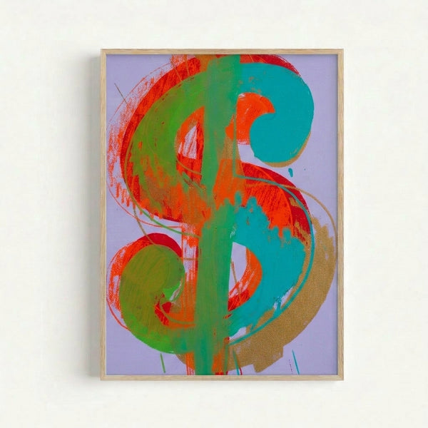 Framed print featuring a bright, graphic interpretation of currency with repeated color blocking and high-contrast hues characteristic of modern pop art.