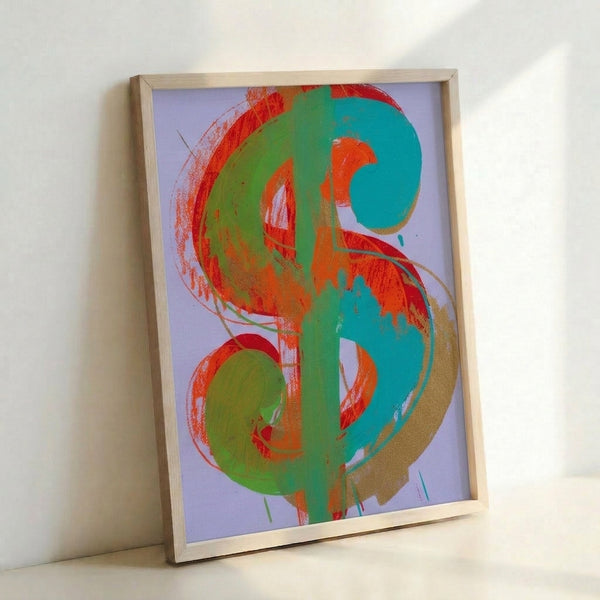 Wall art displaying a simplified, colorful dollar design in bold flat tones, exemplifying contemporary pop art style and visual impact.