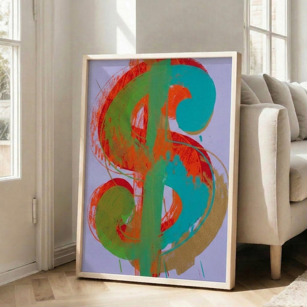Framed pop art poster with a striking dollar motif rendered in saturated, contrasting colors and clean graphic lines.