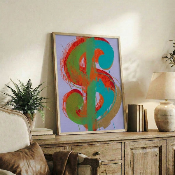 Bold pop art print on wall showcasing a stylized monetary symbol in vibrant, layered colors with a flat graphic treatment.