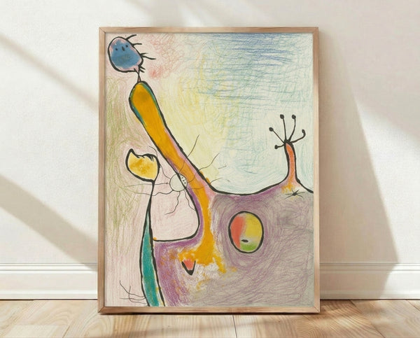 Abstract surreal painting with playful organic forms in warm earth tones and vibrant accents, framed as modern wall art.