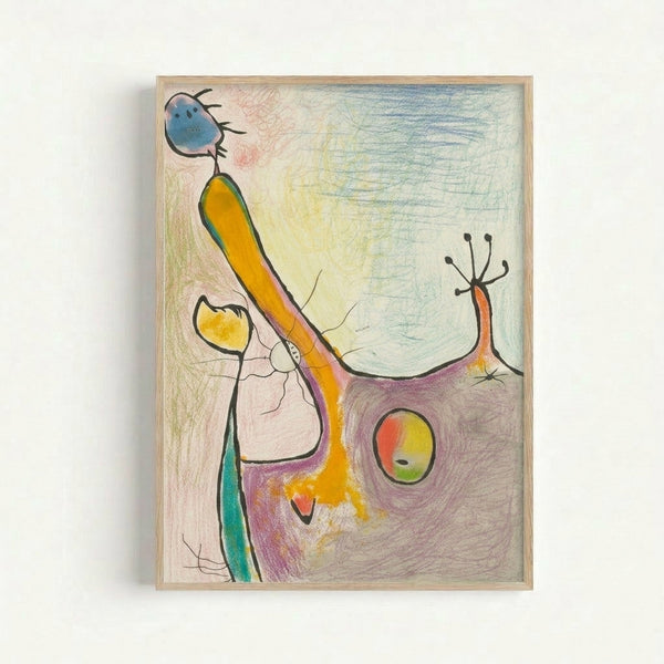 Modernist abstract composition featuring flowing biomorphic shapes in ochre, rust, and bright color highlights on a neutral ground.