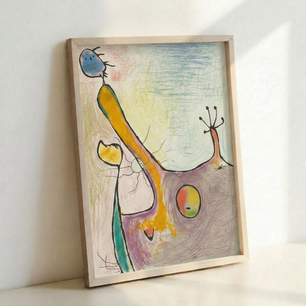 Whimsical surreal artwork with curved abstract figures in warm palette and bold accent colors, displayed as a framed art print.