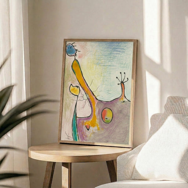 Surreal modern art print featuring abstracted forms in ochre and warm hues punctuated by bright pops of color.