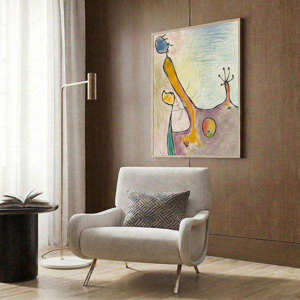 Playful abstract composition with biomorphic shapes rendered in warm neutrals and saturated accent colors, framed for wall display.
