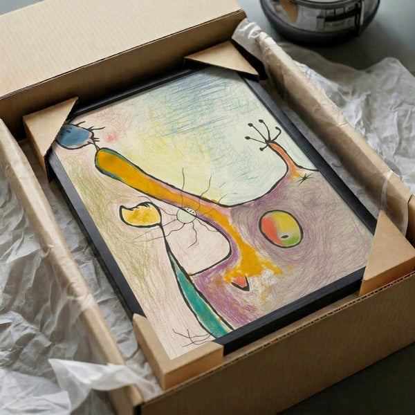 Whimsical surrealist artwork combining organic flowing forms in earthy tones with vibrant highlights, presented as a framed poster.