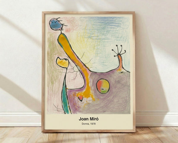 Joan Miro's Donna 1978, an abstract surreal artwork in red, blue, black, and cream with playful geometric shapes and expressive lines forming a dreamlike female figure.