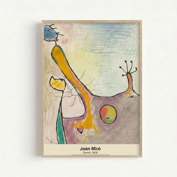 Framed abstract painting in Miro's distinctive style featuring a whimsical woman rendered in bold reds, blues, and yellows with black outlines on a cream background.