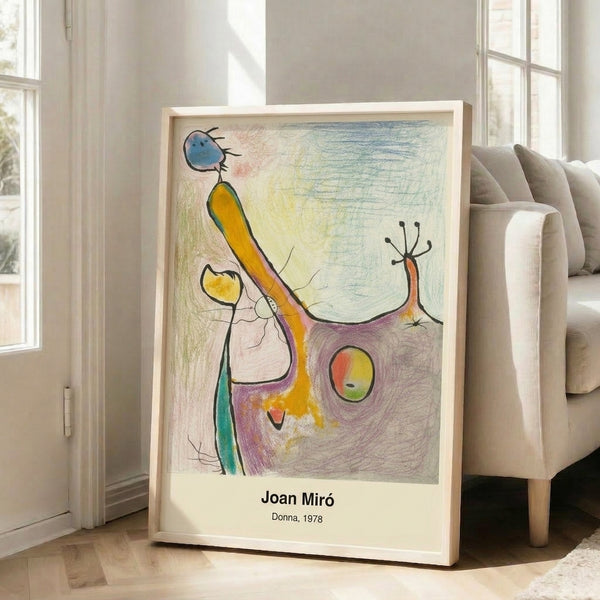 Expressive abstract surreal poster showing a stylized female figure in vibrant reds and blues with Miro's characteristic flowing lines and organic shapes.