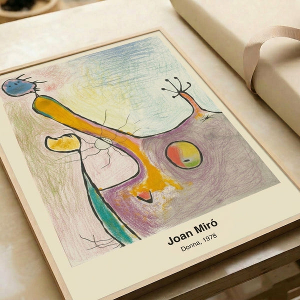 Abstract surreal print with expressive geometric shapes forming a playful woman's figure in Miro's signature style, using red, blue, black, and cream colors on a light background.