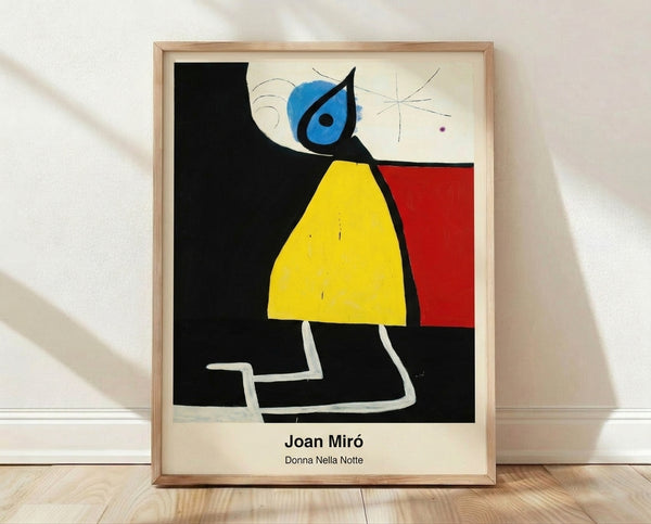 Abstract surreal poster featuring a mysterious nighttime figure in black, cream, ochre, and red tones; dreamlike modernist composition framed on wall.