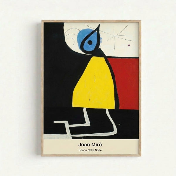 Framed abstract art print with contemplative figure rendered in bold black lines and warm earthy colors against cream background; surreal nocturnal mood.