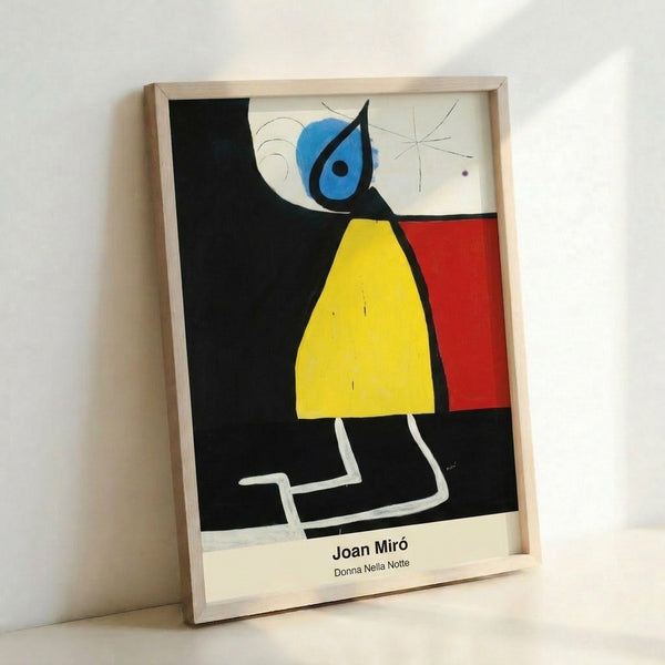 Modern abstract poster displaying enigmatic nocturnal form in black, ochre, and red; surreal style with introspective dreamlike quality.