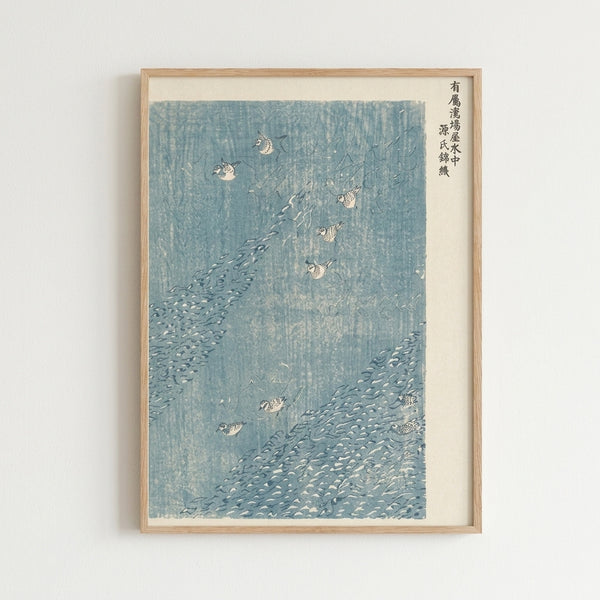 Ukiyo-e style framed art print depicting birds gathered in water with natural harmony, using charcoal gray and soft blue palette in traditional Japanese woodblock technique.