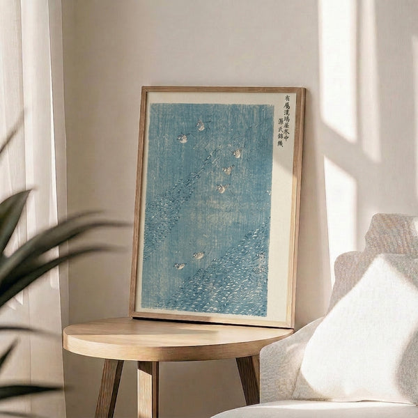 Framed woodblock art depicting dotterel birds in water, serene Japanese aesthetic with teal and cream tones, evoking peaceful natural contemplation.