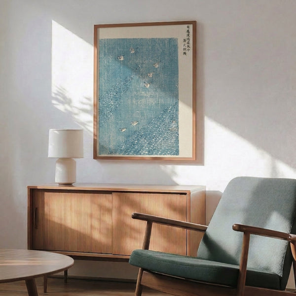 Asian cultural wall art print in Japanese woodblock style featuring dotterel birds in flowing water, rendered in soft teals, creams, and grays.