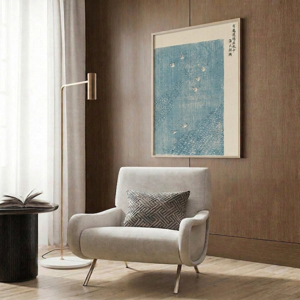 Serene Japanese Ukiyo-e framed print of birds in a stream with rocks, palette includes pale blue, white, and charcoal gray in contemplative composition.