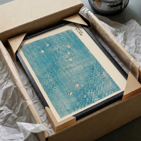 Japanese woodblock wall art featuring dotterel birds in water with rocky landscape, contemplative mood rendered in cream, teal, and charcoal tones.