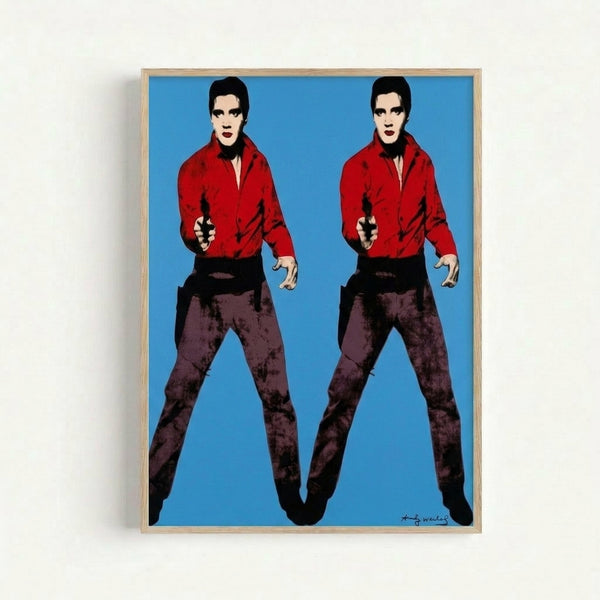 Framed pop art print showing doubled Elvis figures in vibrant hues, exemplifying Andy Warhol's signature repetition technique and contemporary wall art style.