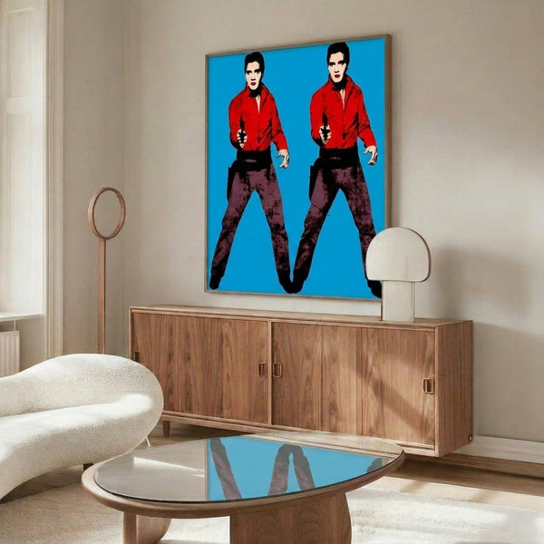 Double Elvis pop art framed print in vibrant, bold colors showcasing the repetitive silhouette technique characteristic of modern pop art movements.