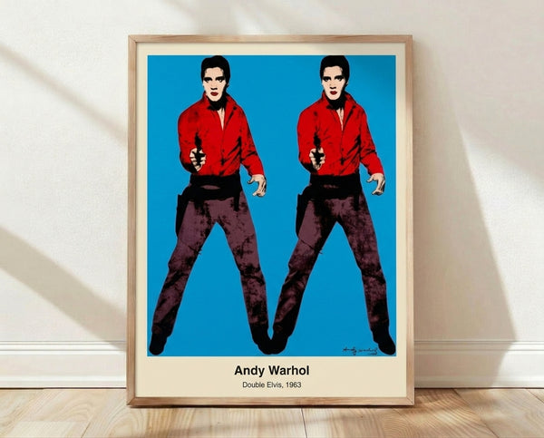Pop art poster featuring two repeated silhouettes of Elvis Presley in bold black, silver, and yellow tones, iconic 1960s style cultural commentary on celebrity and mass production.