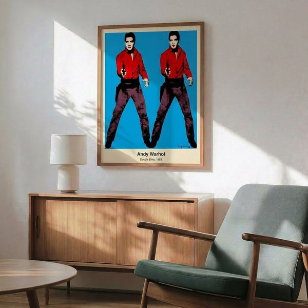 Pop art wall print depicting two identical silhouettes with cowboy hat in striking black and yellow against neutral tones, referencing Warhol's exploration of American celebrity.