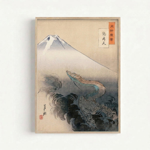 Ukiyo-e style framed poster art depicting Mount Fuji with an elegant dragon ascending through swirling clouds in dark blue and cream, evoking peaceful, majestic energy.