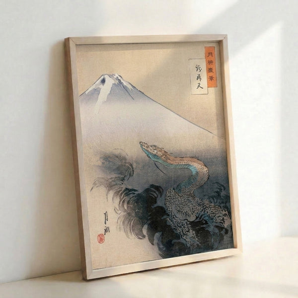 Japandi wall art print showing a dragon intertwined with misty clouds and the silhouette of Mount Fuji in a muted palette of blue-grey, cream, and rust tones.