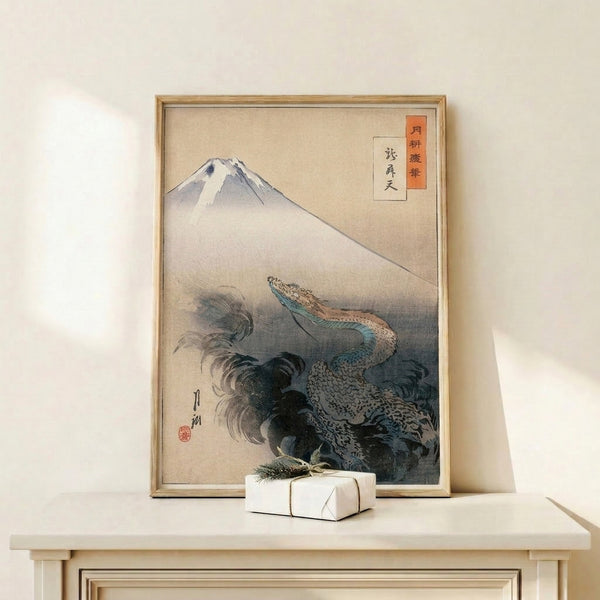 Serene woodblock-inspired framed poster featuring a mythical dragon and sacred mountain landscape in soft cream and blue-grey hues with warm rust accents.