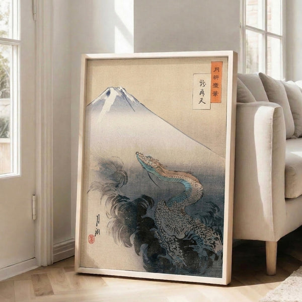Japanese-inspired art print with a majestic dragon soaring through clouds around Mount Fuji, executed in the traditional woodblock style with blue, cream, and rust color palette.