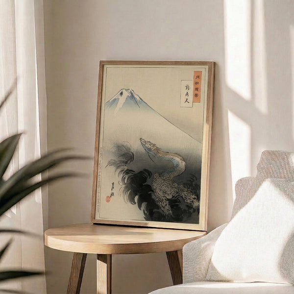 Serene woodblock-style poster blending Mount Fuji's iconic peak with a mystical dragon design, rendered in soft cream, sophisticated blue-green, and warm rust tones.