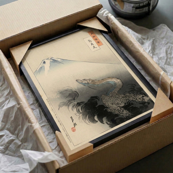 Majestic woodblock composition featuring Mount Fuji and a coiling dragon in contemplative Japanese style, displayed as a framed art print in cream, charcoal gray, blue-green, and rust.