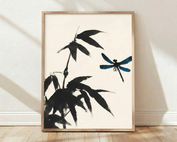 Minimalist ink painting of a dragonfly perched on bamboo stalks with delicate leaves, rendered in black lines and soft teal accents on cream background, framed as wall art.