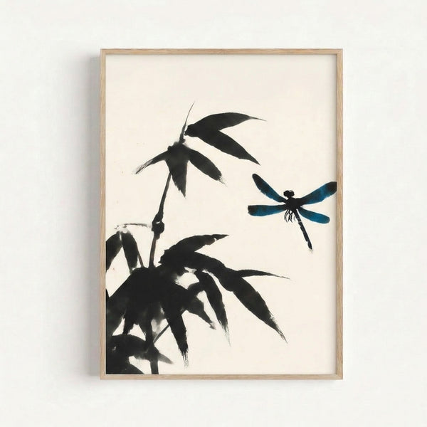 Japanese-inspired line art poster featuring a dragonfly and bamboo in serene monochromatic style with touches of teal, evoking zen contemplation.