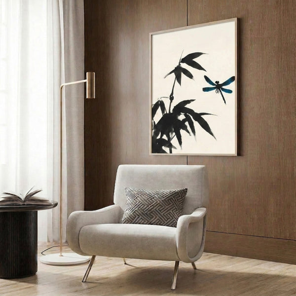 Serene framed poster of a dragonfly on bamboo leaves rendered in minimalist ink technique with black, cream, and soft teal coloring.