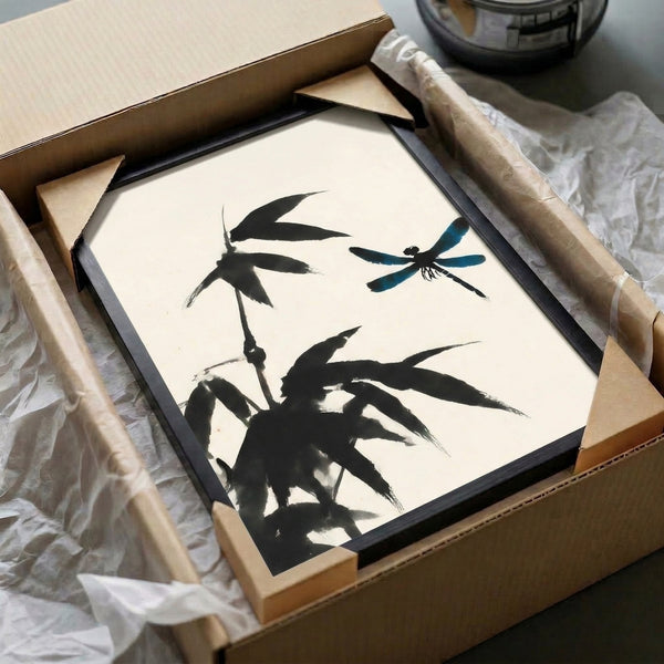 Tranquil botanical study of dragonfly and bamboo in Japanese aesthetic, combining delicate line work with teal accents on pale cream background.