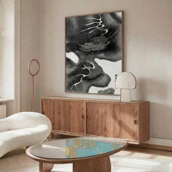 Contemplative dragon artwork in ink and gold, displaying the flowing, organic forms characteristic of classical Japanese dragon imagery and brush painting.