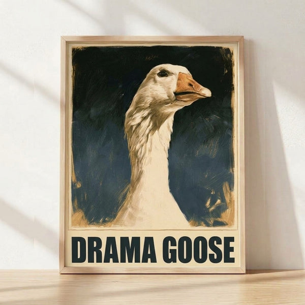 Retro-style portrait of a dramatic goose with an expressive face, rendered in cream, navy blue, burnt orange, and gold tones; a quirky, humorous wall art print framed and displayed indoors.